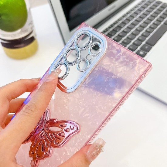 For Samsung Galaxy S24+ 5G Plating Glitter Texture Butterfly Holder TPU Phone Case with Lens Film(White Water Ripples)