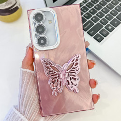 For Samsung Galaxy S24+ 5G Plating Glitter Texture Butterfly Holder TPU Phone Case with Lens Film(Pink Feather Yarn)