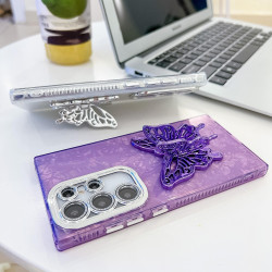 For Samsung Galaxy S24+ 5G Plating Glitter Texture Butterfly Holder TPU Phone Case with Lens Film(White Wrinkles)