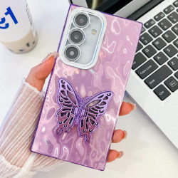For Samsung Galaxy S24+ 5G Plating Glitter Texture Butterfly Holder TPU Phone Case with Lens Film(Purple Wrinkles)