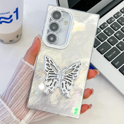 For Samsung Galaxy S24+ 5G Plating Glitter Texture Butterfly Holder TPU Phone Case with Lens Film(White Tinfoil Texture)