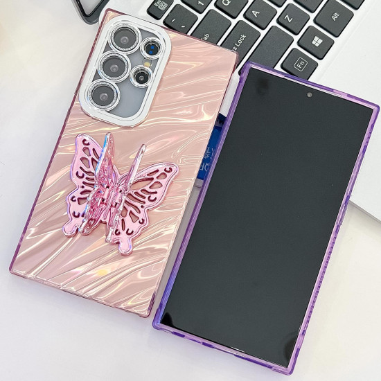 For Samsung Galaxy S24+ 5G Plating Glitter Texture Butterfly Holder TPU Phone Case with Lens Film(White Tinfoil Texture)