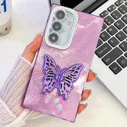 For Samsung Galaxy S24+ 5G Plating Glitter Texture Butterfly Holder TPU Phone Case with Lens Film(Purple Tinfoil Texture)
