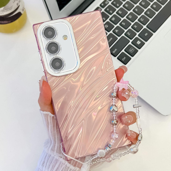 For Samsung Galaxy S24+ 5G Plating Glitter Texture Chain Wristband TPU Phone Case with Lens Film(Pink Water Ripples)
