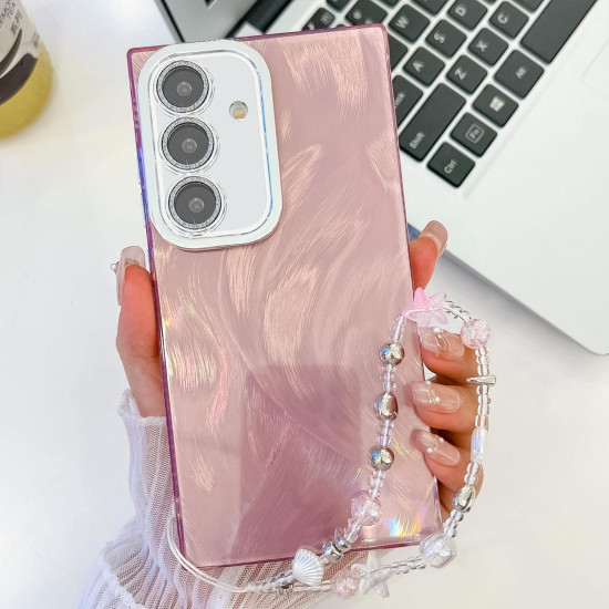 For Samsung Galaxy S24+ 5G Plating Glitter Texture Chain Wristband TPU Phone Case with Lens Film(Pink Feather Yarn)
