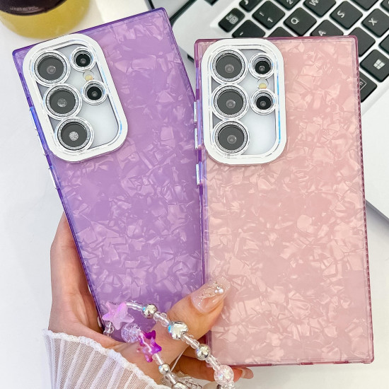 For Samsung Galaxy S24+ 5G Plating Glitter Texture Chain Wristband TPU Phone Case with Lens Film(Purple Feather Yarn)