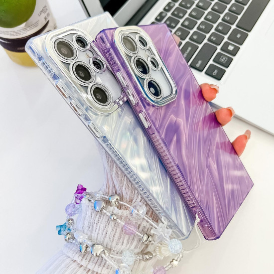 For Samsung Galaxy S24+ 5G Plating Glitter Texture Chain Wristband TPU Phone Case with Lens Film(Purple Feather Yarn)