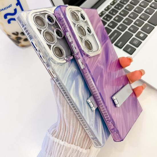 For Samsung Galaxy S24+ 5G Plating Glitter Texture Fold Holder TPU Phone Case with Lens Film(White Water Ripples)