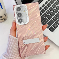 For Samsung Galaxy S24+ 5G Plating Glitter Texture Fold Holder TPU Phone Case with Lens Film(Pink Water Ripples)