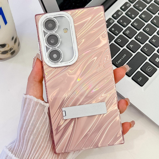 For Samsung Galaxy S24+ 5G Plating Glitter Texture Fold Holder TPU Phone Case with Lens Film(Pink Water Ripples)