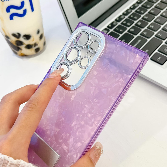 For Samsung Galaxy S24+ 5G Plating Glitter Texture Fold Holder TPU Phone Case with Lens Film(Pink Water Ripples)