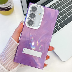 For Samsung Galaxy S24+ 5G Plating Glitter Texture Fold Holder TPU Phone Case with Lens Film(Purple Feather Yarn)