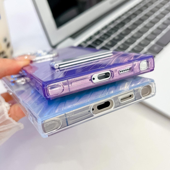 For Samsung Galaxy S24+ 5G Plating Glitter Texture Fold Holder TPU Phone Case with Lens Film(Purple Feather Yarn)