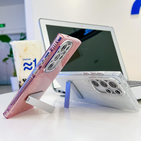 For Samsung Galaxy S24+ 5G Plating Glitter Texture Fold Holder TPU Phone Case with Lens Film(Pink Wrinkles)