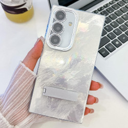 For Samsung Galaxy S24+ 5G Plating Glitter Texture Fold Holder TPU Phone Case with Lens Film(White Tinfoil Texture)