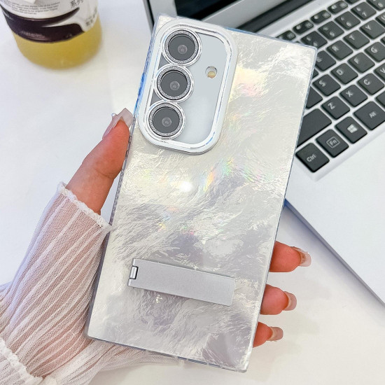 For Samsung Galaxy S24+ 5G Plating Glitter Texture Fold Holder TPU Phone Case with Lens Film(White Tinfoil Texture)