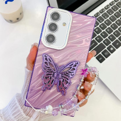 For Samsung Galaxy S24+ 5G Plating Glitter Lens Film Texture Butterfly Holder Wristband Phone Case(Purple Water Ripples)