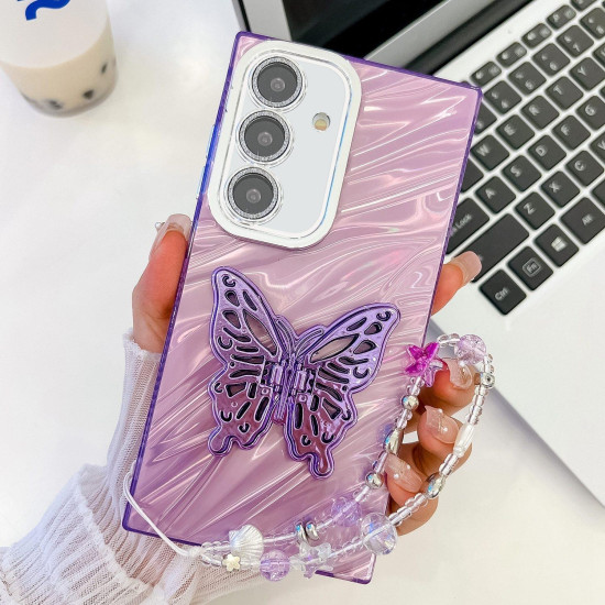 For Samsung Galaxy S24+ 5G Plating Glitter Lens Film Texture Butterfly Holder Wristband Phone Case(Purple Water Ripples)