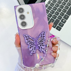For Samsung Galaxy S24+ 5G Plating Glitter Lens Film Texture Butterfly Holder Wristband Phone Case(Purple Feather Yarn)