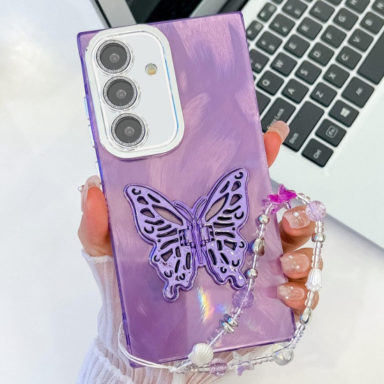 For Samsung Galaxy S24+ 5G Plating Glitter Lens Film Texture Butterfly Holder Wristband Phone Case(Purple Feather Yarn)