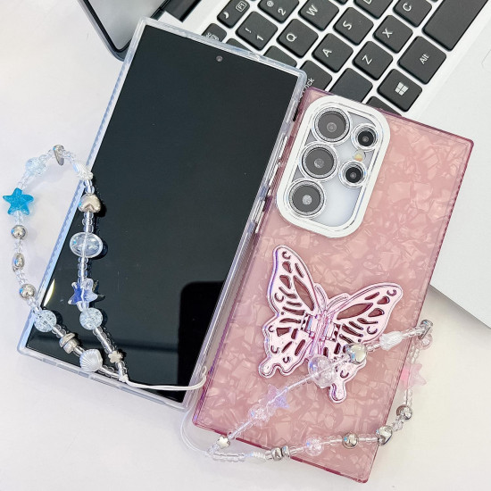 For Samsung Galaxy S24+ 5G Plating Glitter Lens Film Texture Butterfly Holder Wristband Phone Case(Purple Feather Yarn)