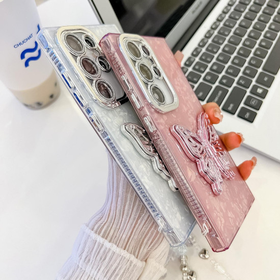 For Samsung Galaxy S24+ 5G Plating Glitter Lens Film Texture Butterfly Holder Wristband Phone Case(Pink Wrinkles)
