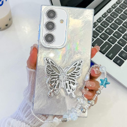 For Samsung Galaxy S24+ 5G Plating Glitter Lens Film Texture Butterfly Holder Wristband Phone Case(White Tinfoil Texture)