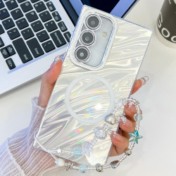 For Samsung Galaxy S24+ 5G Plating Texture Wristband MagSafe TPU Phone Case with Glitter Lens Film(White Water Ripples)