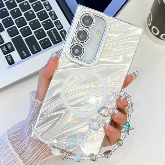 For Samsung Galaxy S24+ 5G Plating Texture Wristband MagSafe TPU Phone Case with Glitter Lens Film(White Water Ripples)