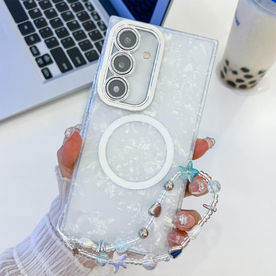 For Samsung Galaxy S24+ 5G Plating Texture Wristband MagSafe TPU Phone Case with Glitter Lens Film(White Shell Pattern)