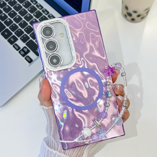 For Samsung Galaxy S24+ 5G Plating Texture Wristband MagSafe TPU Phone Case with Glitter Lens Film(Purple Wrinkles)