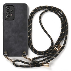 For Samsung Galaxy S23+ 5G Vintage Leather PC Back Cover Phone Case with Crossbody Strap(Black)