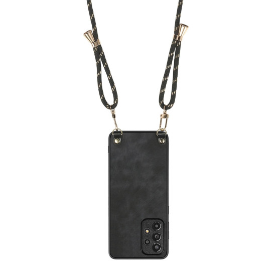 For Samsung Galaxy S23+ 5G Vintage Leather PC Back Cover Phone Case with Crossbody Strap(Black)