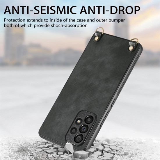 For Samsung Galaxy S23+ 5G Vintage Leather PC Back Cover Phone Case with Crossbody Strap(Black)