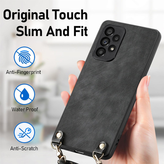 For Samsung Galaxy S23+ 5G Vintage Leather PC Back Cover Phone Case with Crossbody Strap(Black)