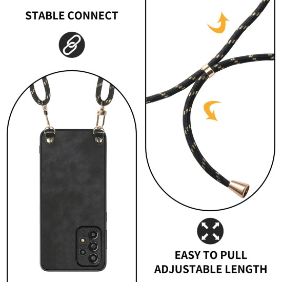 For Samsung Galaxy S23+ 5G Vintage Leather PC Back Cover Phone Case with Crossbody Strap(Black)