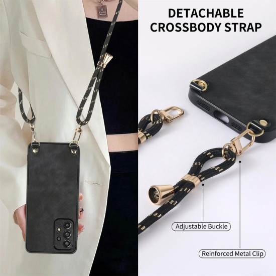For Samsung Galaxy S23+ 5G Vintage Leather PC Back Cover Phone Case with Crossbody Strap(Black)