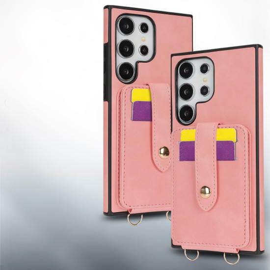 For Samsung Galaxy S24+ 5G Skin Card Bag Crossbody Lanyard Phone Case(Pink)