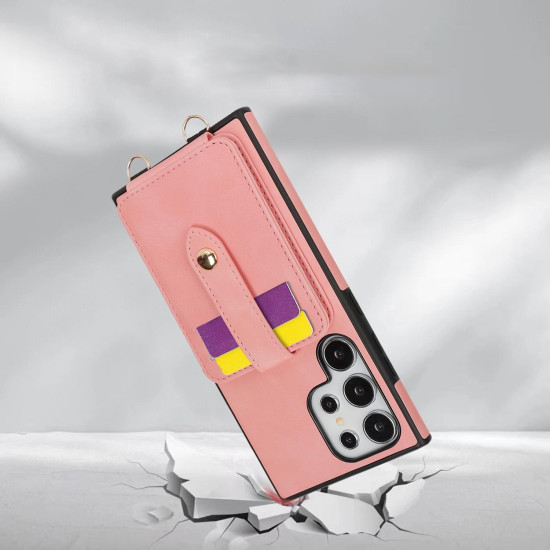 For Samsung Galaxy S24+ 5G Skin Card Bag Crossbody Lanyard Phone Case(Pink)