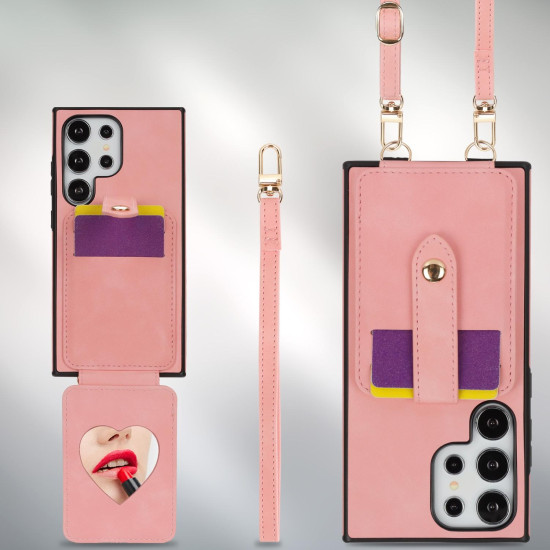 For Samsung Galaxy S24+ 5G Skin Card Bag Crossbody Lanyard Phone Case(Pink)