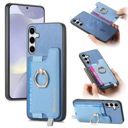 For Samsung Galaxy S24+ 5G Retro Cross Leather Ring Horizontal Insert Card Bag MagSafe Phone Case(Blue)