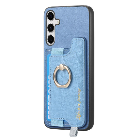 For Samsung Galaxy S24+ 5G Retro Cross Leather Ring Horizontal Insert Card Bag MagSafe Phone Case(Blue)