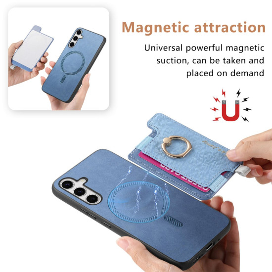 For Samsung Galaxy S24+ 5G Retro Cross Leather Ring Horizontal Insert Card Bag MagSafe Phone Case(Blue)