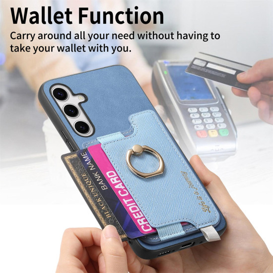 For Samsung Galaxy S24+ 5G Retro Cross Leather Ring Horizontal Insert Card Bag MagSafe Phone Case(Blue)