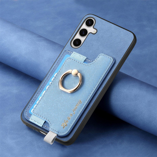 For Samsung Galaxy S24+ 5G Retro Cross Leather Ring Horizontal Insert Card Bag MagSafe Phone Case(Blue)