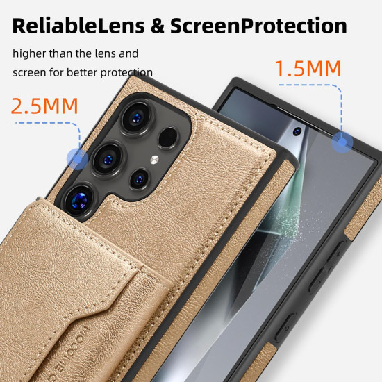 For Samsung Galaxy S24+ 5G Shield Multi-functional MagSafe Card Bag Phone Case(Desert Gold)