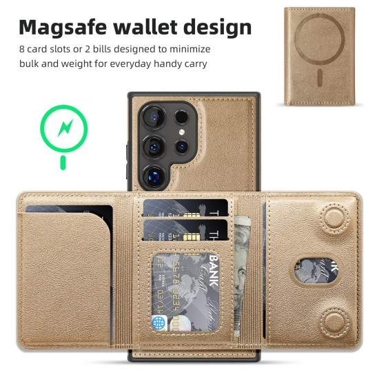 For Samsung Galaxy S24+ 5G Shield Multi-functional MagSafe Card Bag Phone Case(Desert Gold)