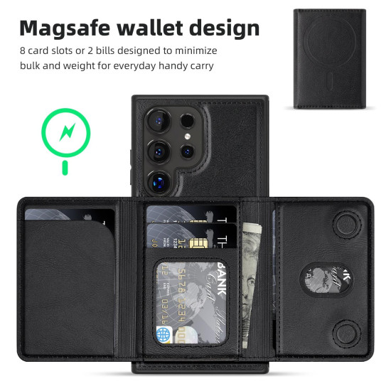 For Samsung Galaxy S24+ 5G Shield Multi-functional MagSafe Card Bag Phone Case(Black)