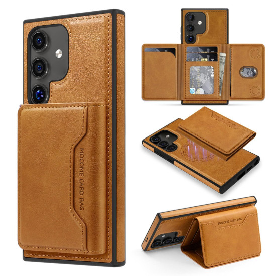 For Samsung Galaxy S24+ 5G Shield Multi-functional MagSafe Card Bag Phone Case(Brown)