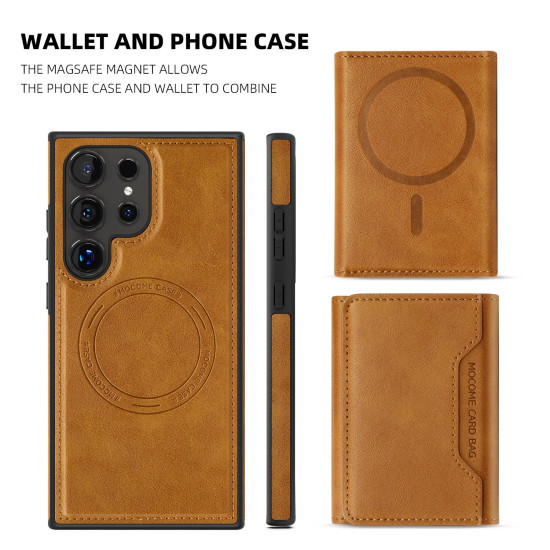 For Samsung Galaxy S24+ 5G Shield Multi-functional MagSafe Card Bag Phone Case(Brown)